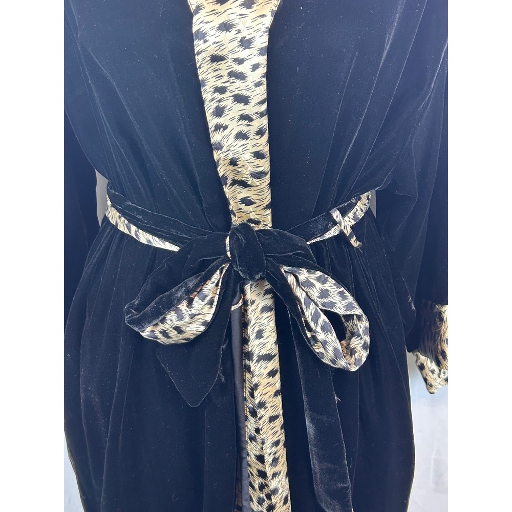 August Silk Velvet Robe Women Size 8 Black Leopard Trim Long Duster - Picture 3 of 11